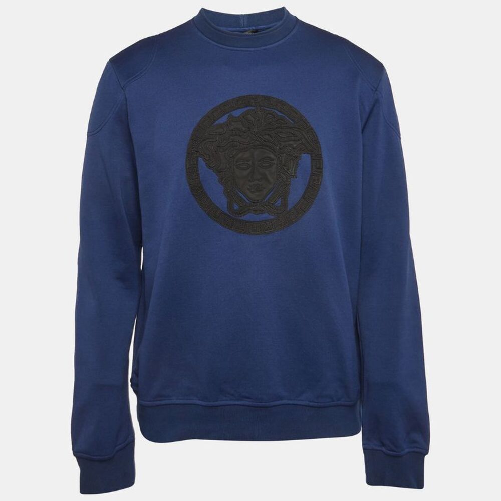 Versace Blue Medusa Leather Trim Knit Crewneck Sweatshirt Xl